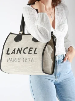 Sac Cabas d'été zippé toile de jute et cuir LANCEL